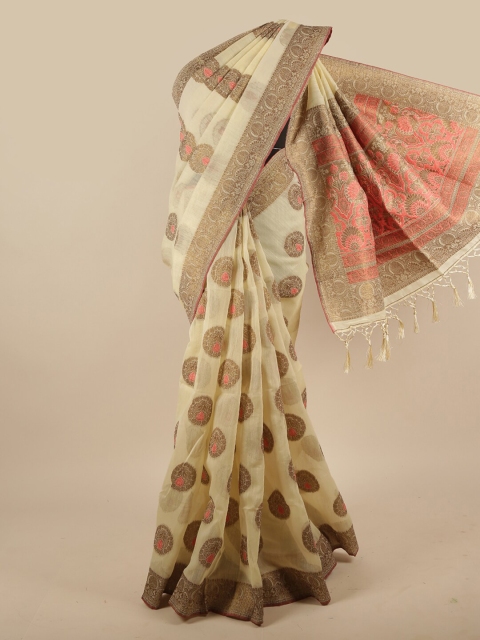 

Pothys Cream-Coloured & Coral Woven Design Jute Silk Saree