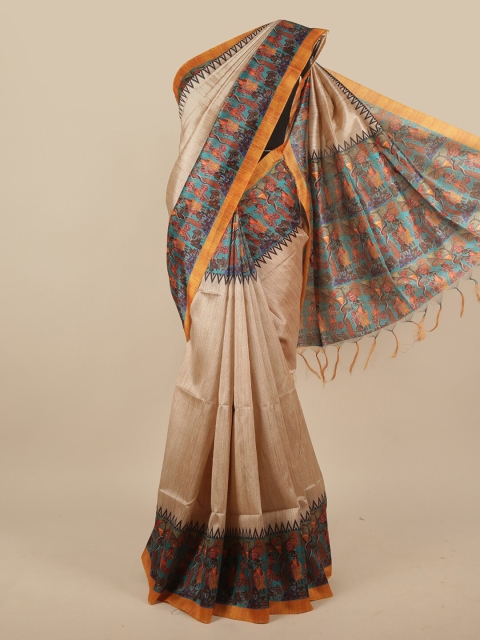 

Pothys Cream-Coloured & Blue Jute Silk Saree
