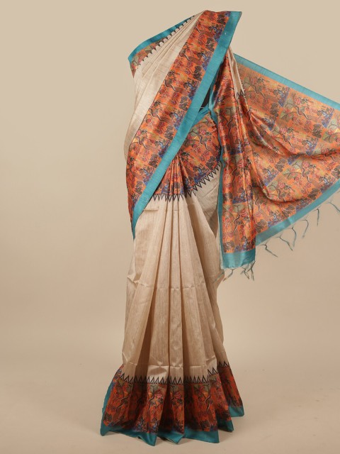 

Pothys Cream-Coloured & Blue Ethnic Motifs Jute Silk Saree