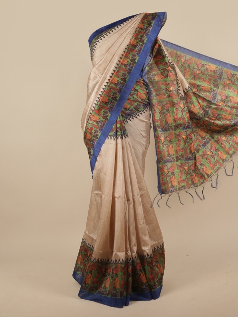 

Pothys Cream-Coloured & Blue Ethnic Motifs Jute Silk Saree