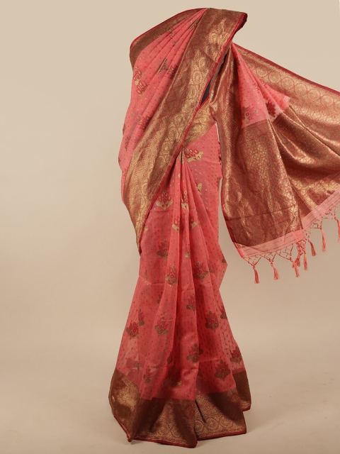 

Pothys Pink & Gold-Toned Floral Zari Jute Silk Saree