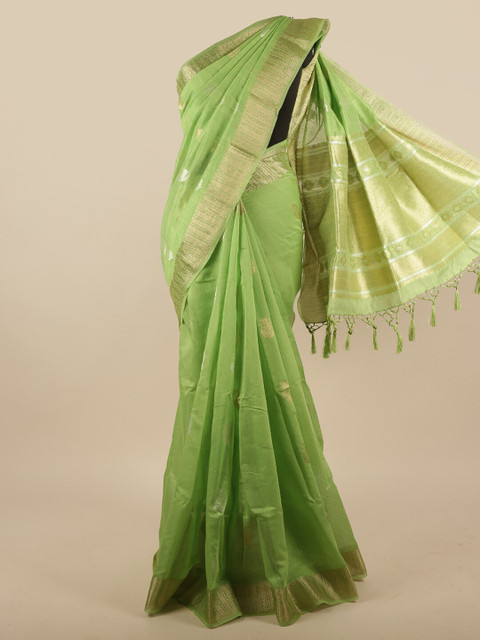 

Pothys Green & Gold-Toned Ethnic Motifs Zari Jute Silk Saree