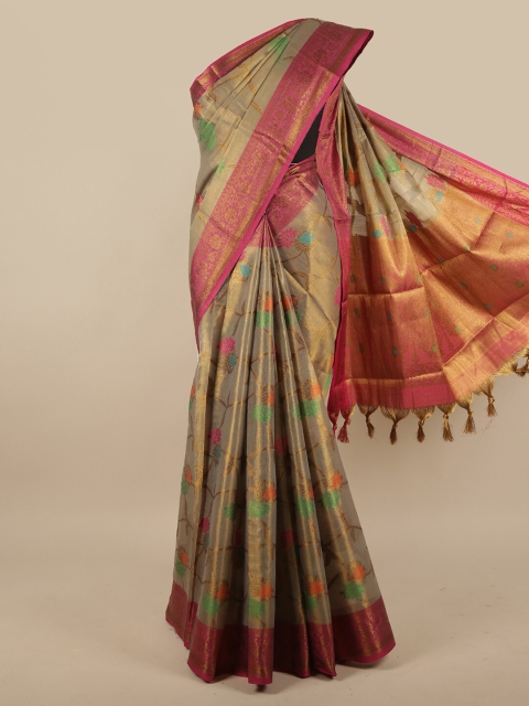 

Pothys Grey & Pink Floral Zari Jute Silk Saree