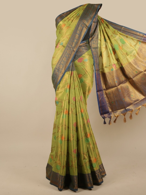 

Pothys Green & Blue Floral Zari Jute Silk Saree