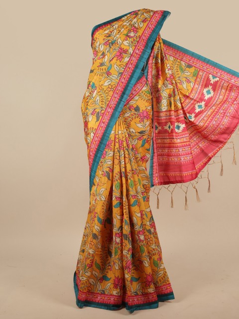 

Pothys Mustard & Blue Floral Printed Jute Silk Saree