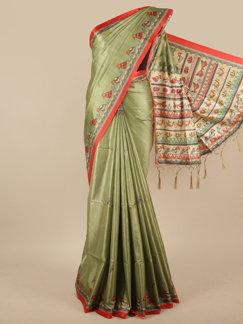 

Pothys Green & Red Printed Jute Silk Saree