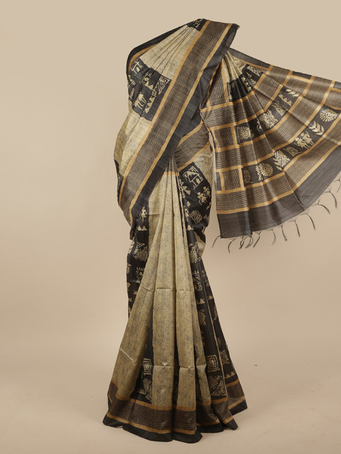 

Pothys Cream-Coloured & Black Ethnic Motifs Jute Silk Saree
