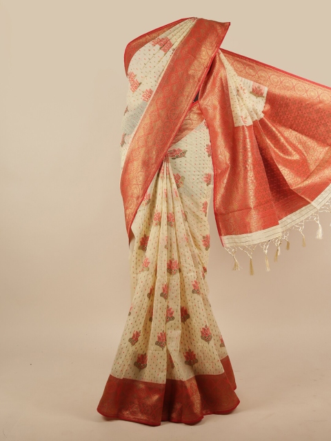 

Pothys Cream-Coloured & Red Ethnic Motifs Zari Jute Silk Saree