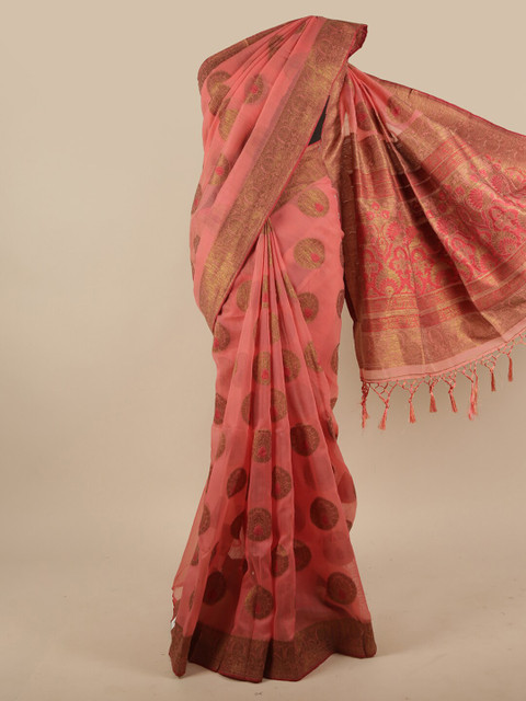 

Pothys Pink & Gold-Toned Ethnic Motifs Woven Design Jute Silk Saree