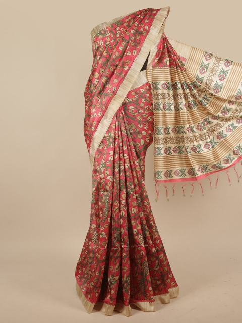 

Pothys Pink & Green Floral Printed Jute Silk Saree
