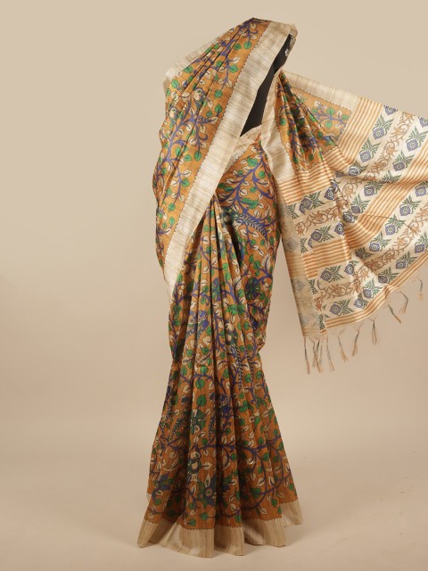 

Pothys Mustard & Green Floral Printed Jute Silk Saree