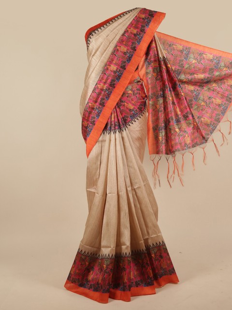 

Pothys Cream-Coloured & Orange Jute Silk Saree