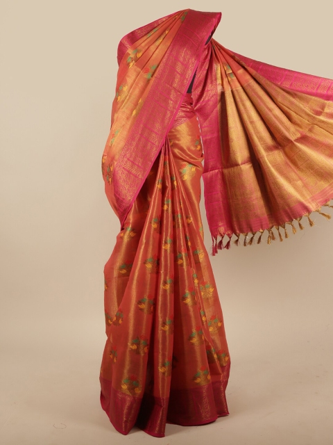 

Pothys Orange & Fuchsia Floral Zari Jute Silk Saree