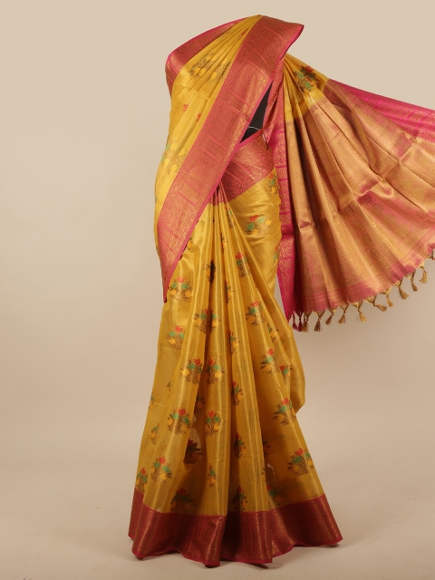 

Pothys Mustard & Pink Floral Woven Design Jute Silk Saree