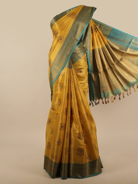 

Pothys Mustard & Teal Ethnic Motifs Jute Silk Saree