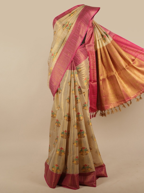 

Pothys Cream-Coloured & Pink Ethnic Motifs Zari Jute Silk Saree