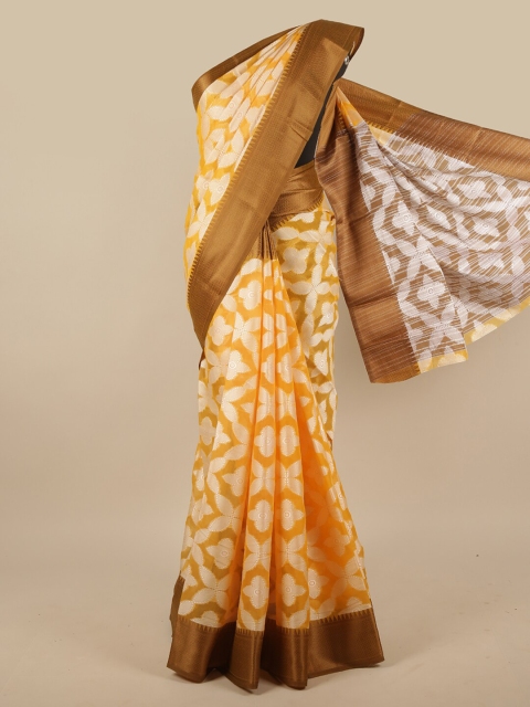 

Pothys Yellow & White Floral Jute Silk Saree