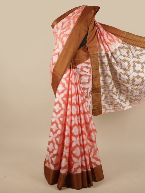 

Pothys Peach-Coloured & White Floral Printed Jute Silk Saree