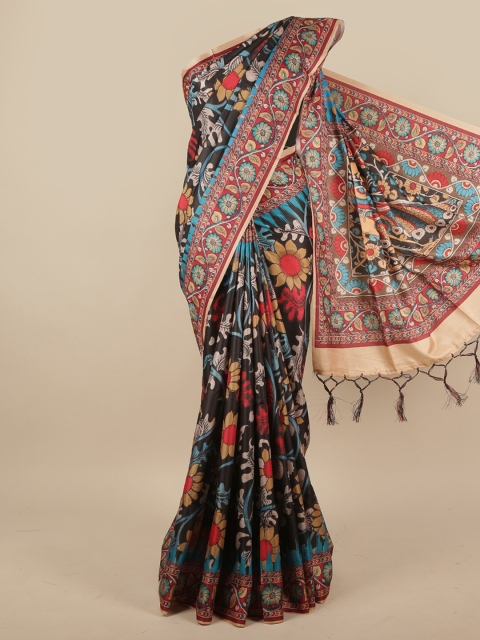 

Pothys Black & Blue Floral Printed Jute Silk Saree