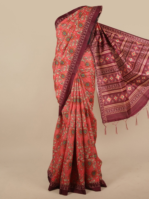 

Pothys Pink & Maroon Floral Printed Jute Silk Saree