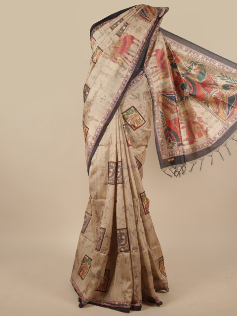

Pothys Cream-Coloured & Brown Ethnic Motifs Jute Silk Saree