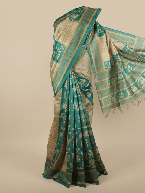 

Pothys Cream-Coloured & Blue Ethnic Motifs Jute Silk Saree