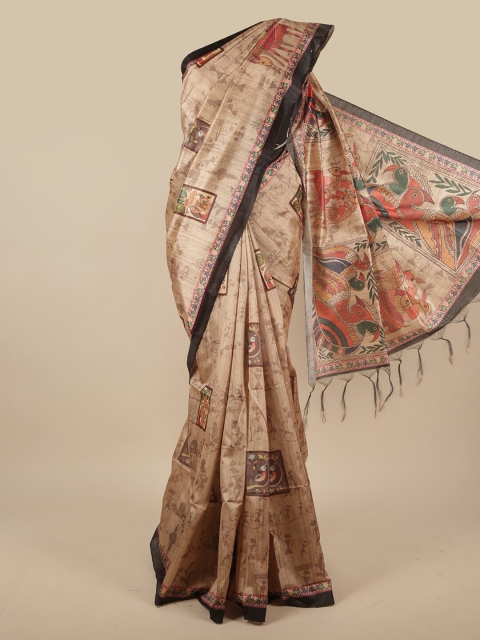 

Pothys Cream-Coloured & Orange Kalamkari Jute Silk Saree