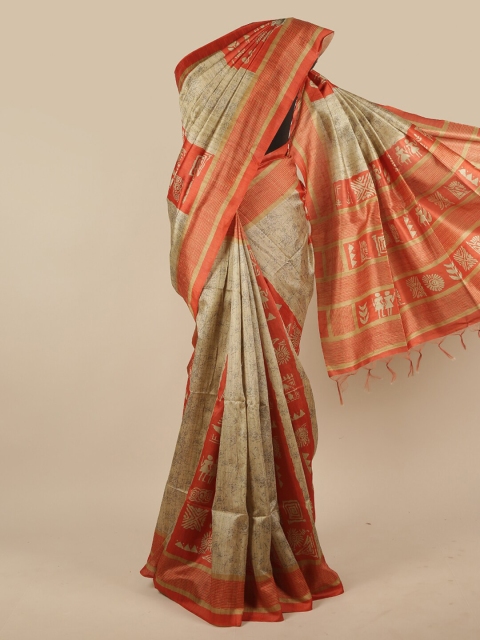 

Pothys Cream-Coloured & Orange Ethnic Motifs Jute Silk Saree