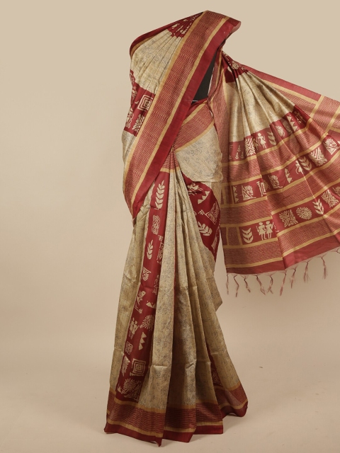 

Pothys Cream-Coloured & Maroon Floral Jute Silk Saree