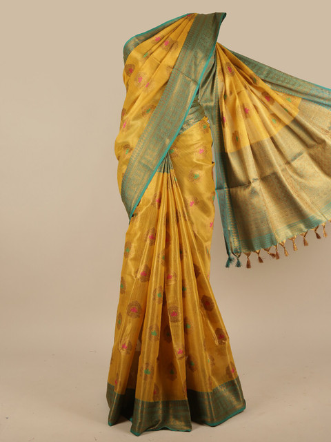 

Pothys Mustard & Turquoise Blue Ethnic Motifs Zari Jute Silk Saree