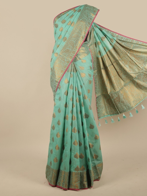 

Pothys Green & Gold-Toned Ethnic Motifs Zari Jute Silk Saree