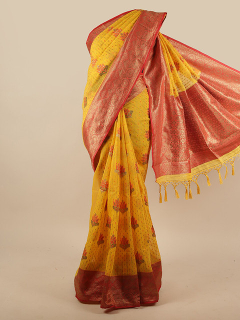 

Pothys Yellow & Red Floral Zari Jute Silk Saree