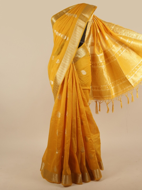 

Pothys Mustard & Gold-Toned Ethnic Motifs Zari Jute Silk Saree