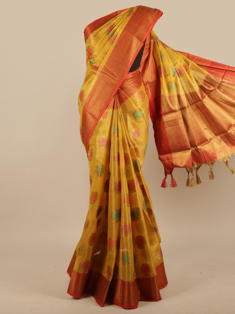 

Pothys Mustard & Orange Floral Woven Design Zari Jute Silk Saree