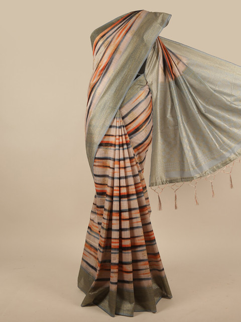 

Pothys Women Multi Coloured Striped Jute Silk Saree, Grey