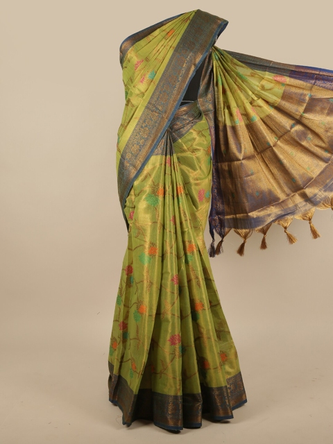 

Pothys Green & Navy Blue Floral Zari Jute Silk Saree