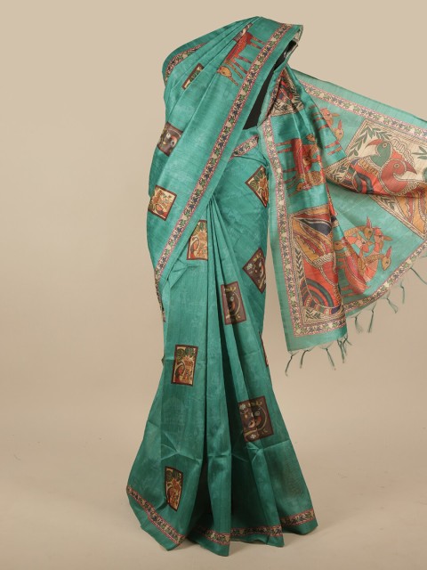 

Pothys Green & Brown Ethnic Motifs Jute Silk Saree