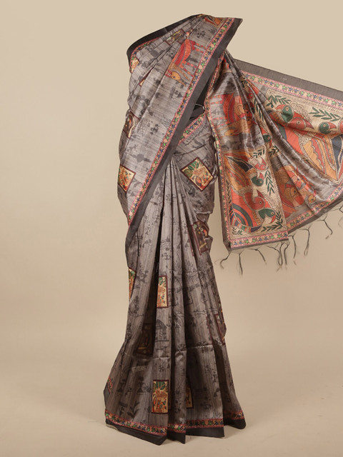 

Pothys Grey & Brown Ethnic Motifs Printed Jute Silk Saree