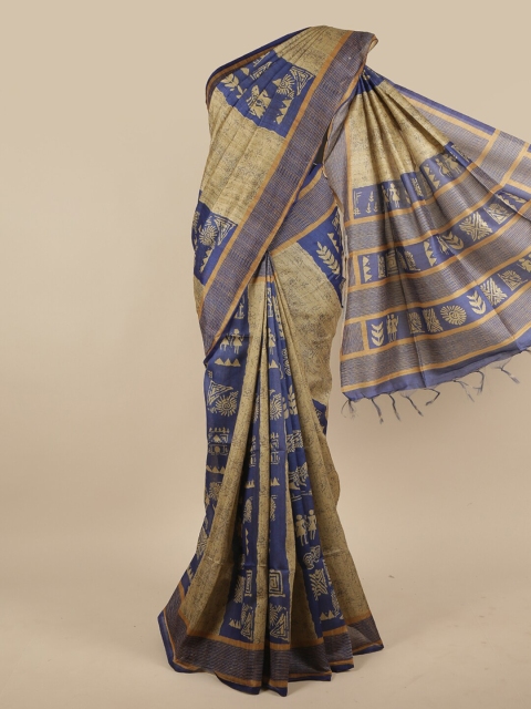 

Pothys Cream-Coloured & Blue Floral Jute Silk Saree