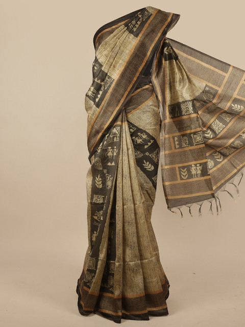 

Pothys Cream & Black Abstract Printed Jute Silk Saree