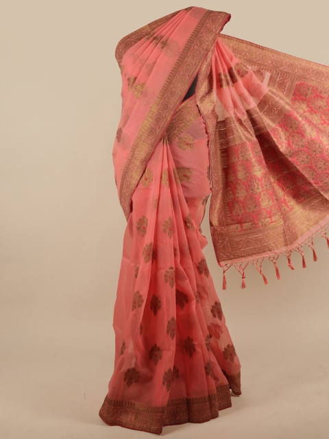 

Pothys Pink & Gold-Toned Floral Zari Jute Silk Saree