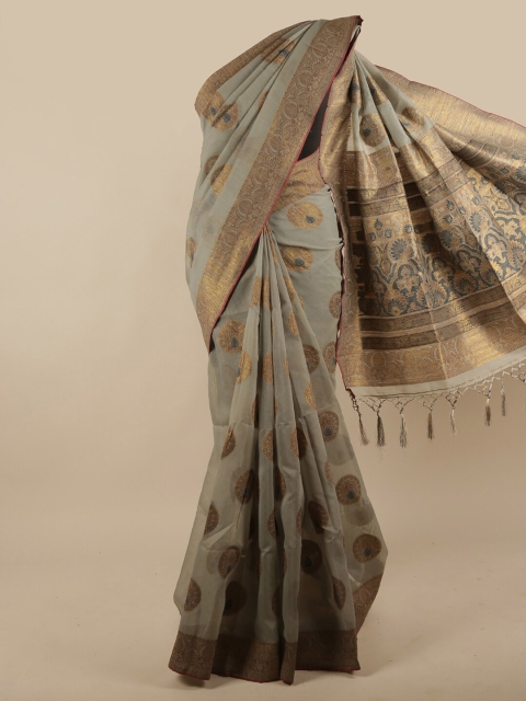 

Pothys Grey & Gold-Toned Woven Design Jute Silk Saree