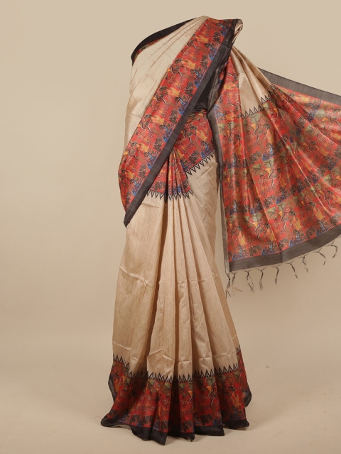 

Pothys Cream-Coloured & Grey Ethnic Motifs Jute Silk Saree