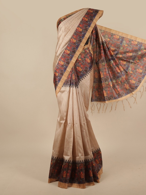 

Pothys Cream-Coloured & Blue Jute Silk Saree