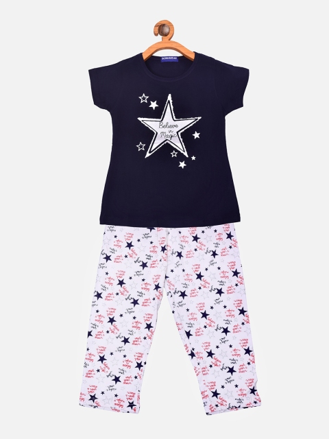 

BORN WEAR Girls Navy Blue & White Printed Pure Cotton Night suit