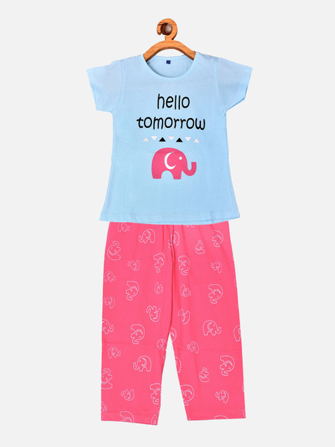 

BORN WEAR Girls Blue & Pink Printed Pure Cotton Night suit