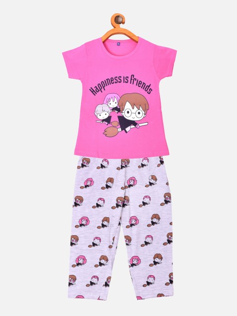 

BORN WEAR Girls Pink & Grey Printed Pure Cotton Night suit