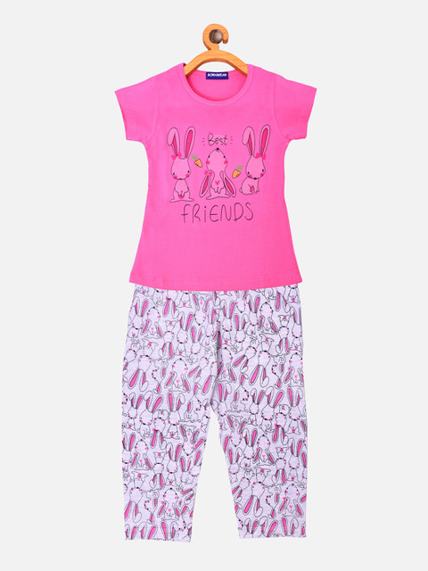 

BORN WEAR Girls Pink & Black Pure Cotton Printed Night suit