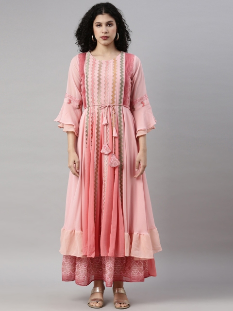 

GOLDSTROMS Peach-Coloured & Green Embroidered Belted Maxi Dress