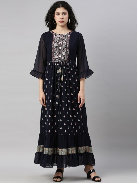 

GOLDSTROMS Navy Blue & Pink Ethnic Motifs Embroidered Belted Georgette Maxi Dress